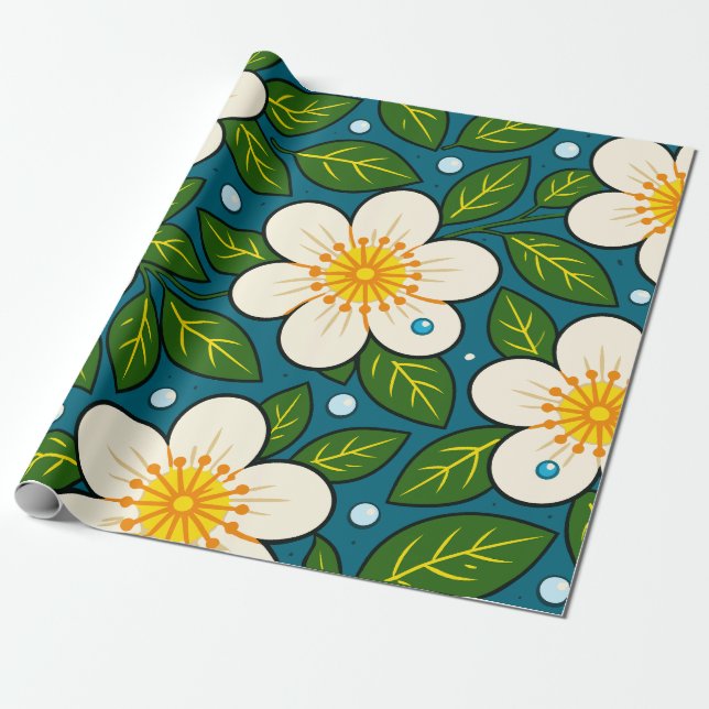 Cremeweiße Blumenmuster mit grünen Blättern Geschenkpapier (Ungerollt)