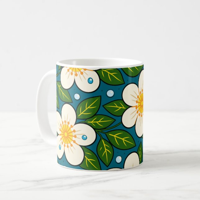 Cremeweiße Blumenmuster mit grünen Blättern Kaffeetasse (Vorderseite Links)