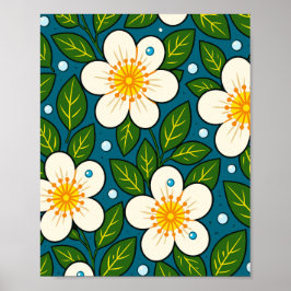 Cremeweiße Blumenmuster mit grünen Blättern Poster
