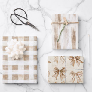 Cremeweiße Karierte Streifen Blumen Geburtstag Geschenkpapier Set