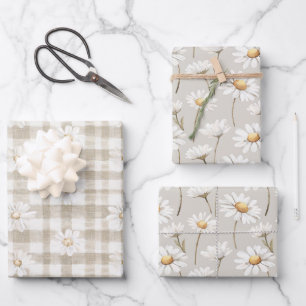Cremeweiße Karostreifen Daisy Blumen Geburtstag Geschenkpapier Set
