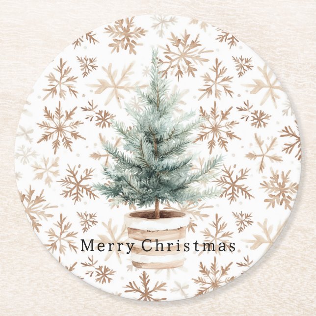 Cremeweiße Schneeflocken-Christbaum  Runder Pappuntersetzer (Vorderseite)
