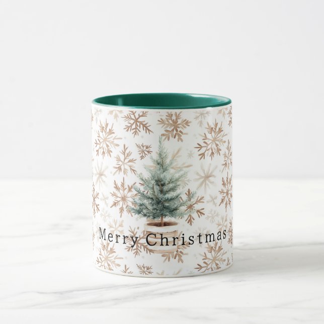 Cremeweiße Schneeflocken-Weihnachtsbaum Tasse (Zentrum)