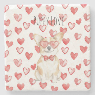 Cremeweißer Corgi-Hund mit roter Herzbrille Steinuntersetzer