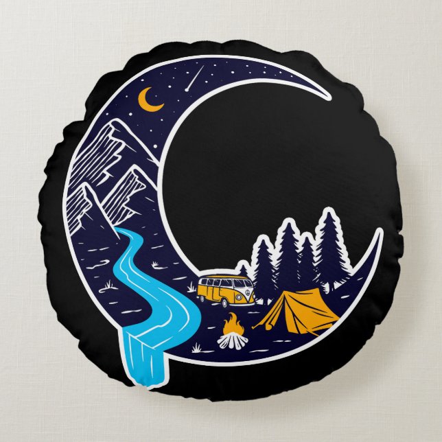 Crescent Moon Adventure Camping Rundes Kissen (Vorderseite)