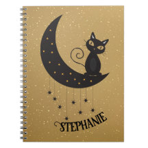 Crescent Moon and Black Cat Gold Notebook