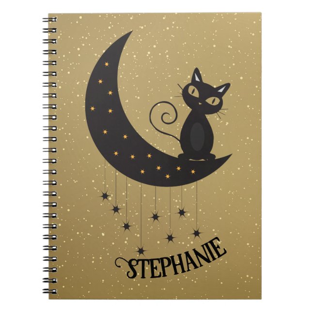 Crescent Moon and Black Cat Gold Notebook Notizblock (Vorderseite)