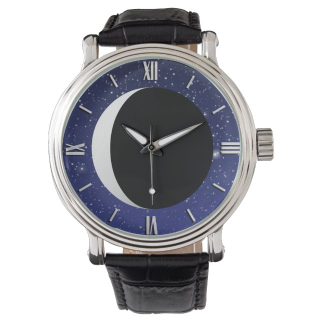 Crescent Moon auf einem Sternenhimmel Armbanduhr (Vorderseite)