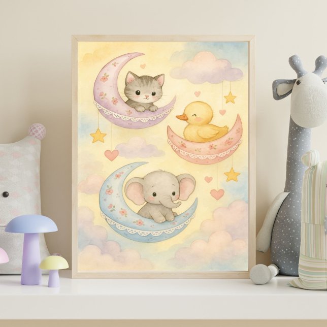 Crescent Moon Baby Animals Baby Girl Kinderzimmer Poster (Crescent Moon Baby Animals Pastel Colors Nursery Wall Art. Pink, Blue, Yellow and Purple)
