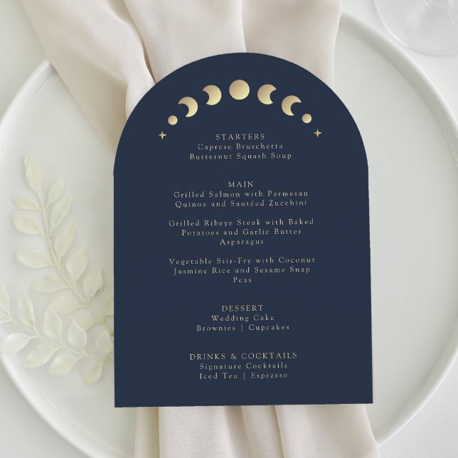 Crescent Moon Blue Arch Wedding Menu Card Einladung (Von Creator hochgeladen)