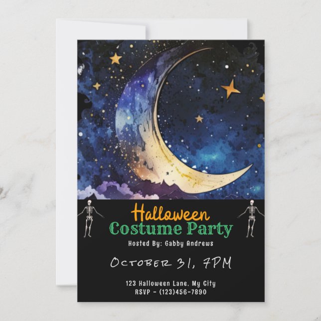 Crescent Moon Blue Sky und Stars Black Halloween Einladung (Vorderseite)