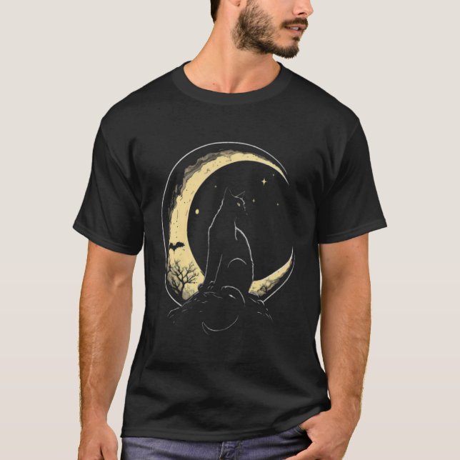 Crescent Moon Cat Kitten Astronomy Creepy Night T-Shirt (Vorderseite)