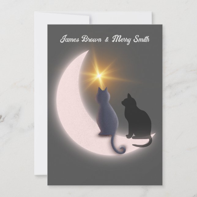 Crescent Moon Cats in Liebe Gold Star Hochzeit Einladung (Vorderseite)