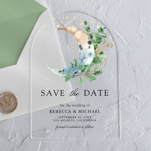 Crescent Moon Eucalyptus Wedding Save the Date Acryleinladungen (Von Creator hochgeladen)
