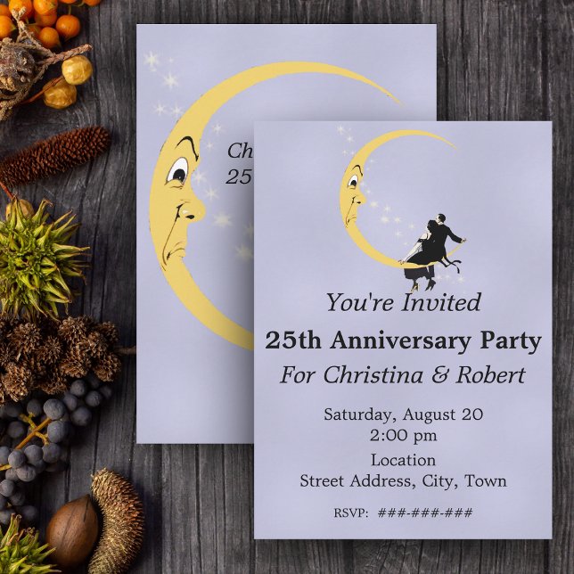 Crescent Moon Face Stars Paare Jahrestag 25. Einladung (Angry cute crescent moon loving couple on blue Anniversary party invitation.)