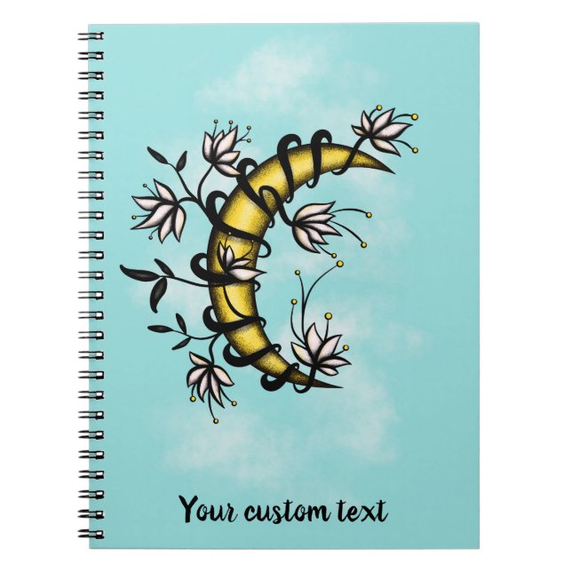 Crescent Moon in Blume ummantelt Tattoo Style Text Notizblock (Vorderseite)