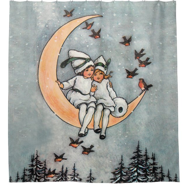 Crescent Moon Kids Snowy Vintage Weihnachten Duschvorhang (Vorderseite)