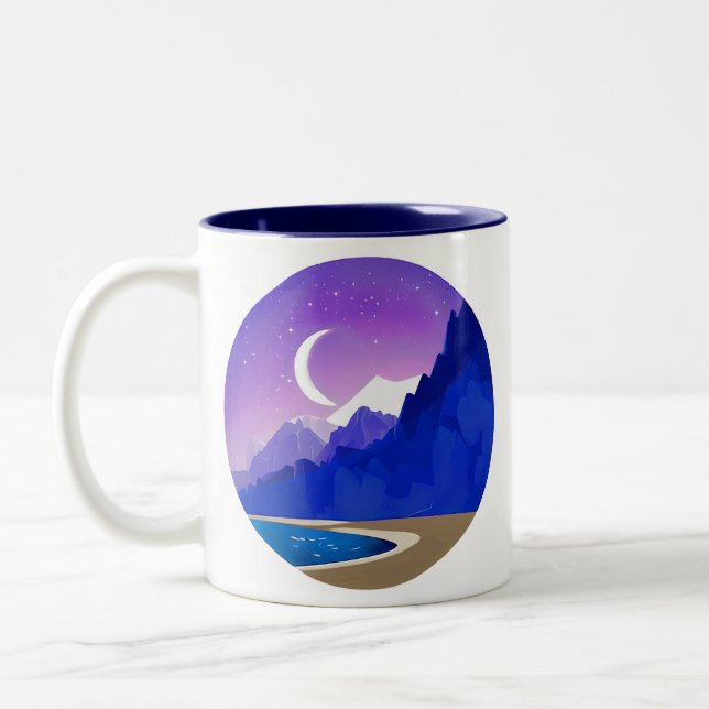 Crescent Moon, Lake and Mountains in Violet & Blue Zweifarbige Tasse (Links)