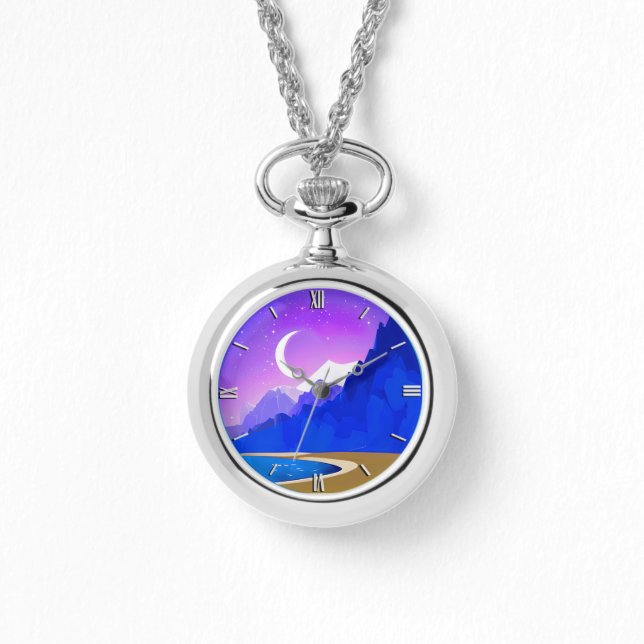 Crescent Moon, Lake & Mountains in Violet & Blue Armbanduhr (Vorderseite)