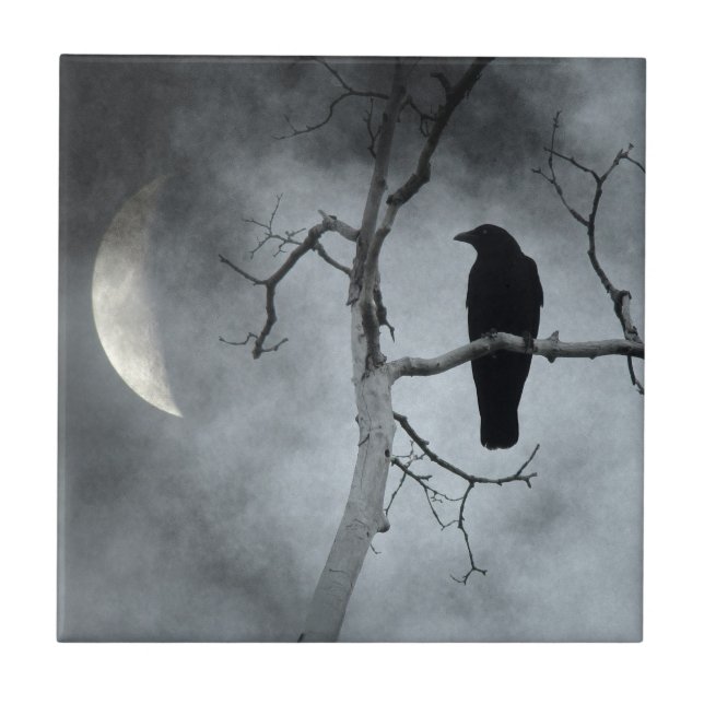 Crescent Moon Lit Crow Fliese (Vorderseite)