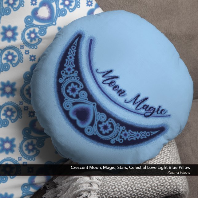 Crescent Moon Magic Stars Celestial Light Blue Rundes Kissen (Crescent Moon, Magic, Stars, Celestial Love Light Blue Round Pillow)