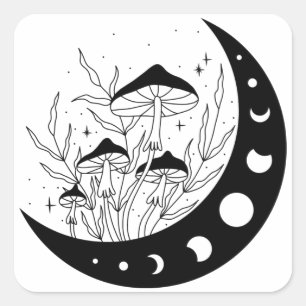 Crescent Moon & Mushrooms Quadratischer Aufkleber