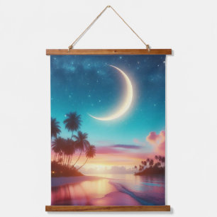 Crescent Moon Night Sky Hawaii Tropical Beach Wandteppich Mit Holzrahmen