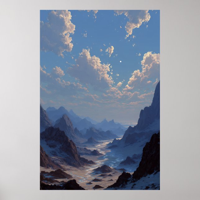 Crescent Moon Over Misty Mountain Valley Poster (Vorne)
