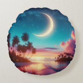 Crescent Moon Over Tropical Beach Night Sky Rundes Kissen
