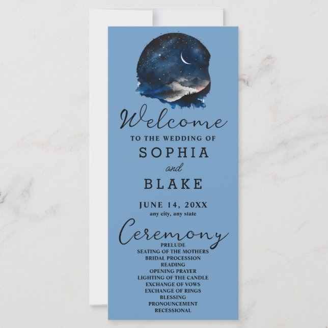 Crescent Moon Starlit Sky Blue Wedding Program (Vorderseite)