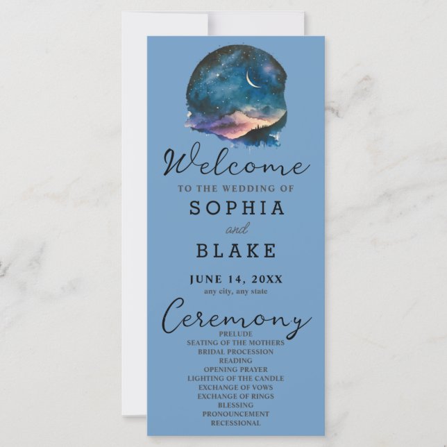 Crescent Moon Starlit Sky Blue Wedding Program (Vorderseite)