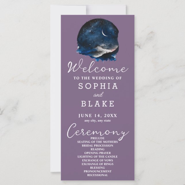 Crescent Moon Starlit Sky Lila Wedding Program (Vorderseite)