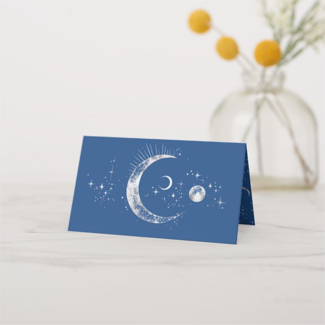 Crescent Moon Starry Night Celestial Wedding Platzkarte (Rückseite)