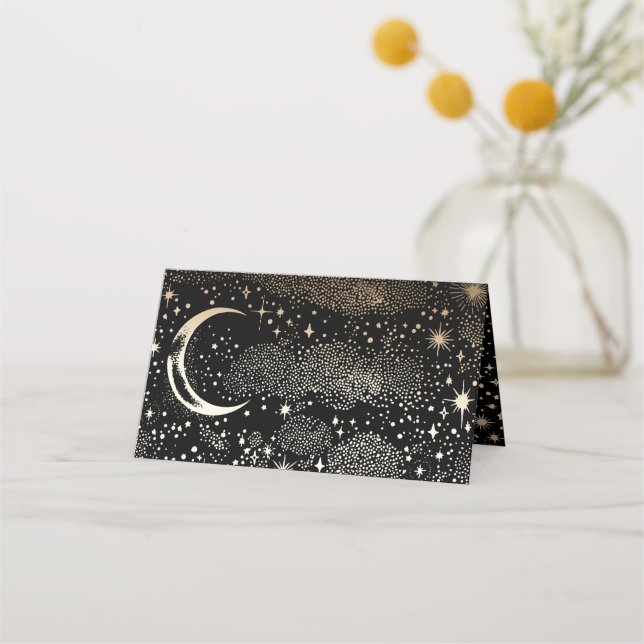 Crescent Moon Starry Night Celestial Wedding Platzkarte (Rückseite)