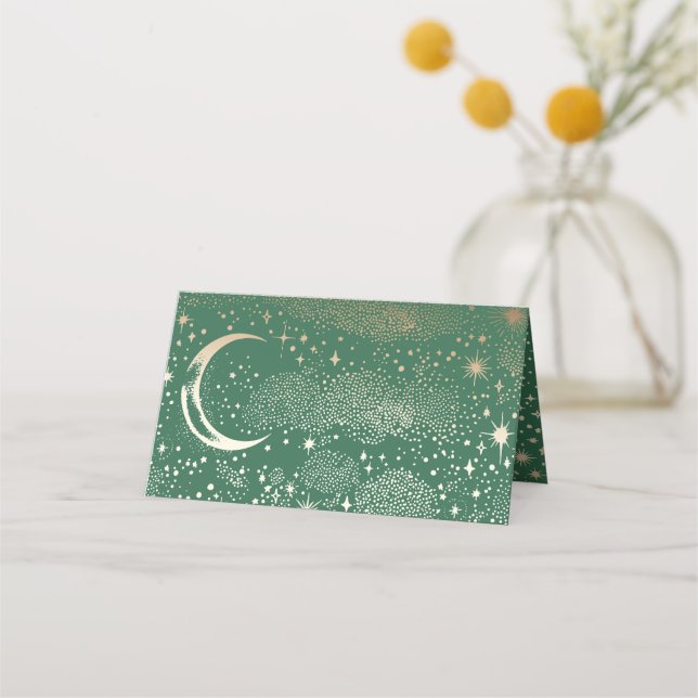 Crescent Moon Starry Night Celestial Wedding Platzkarte (Rückseite)