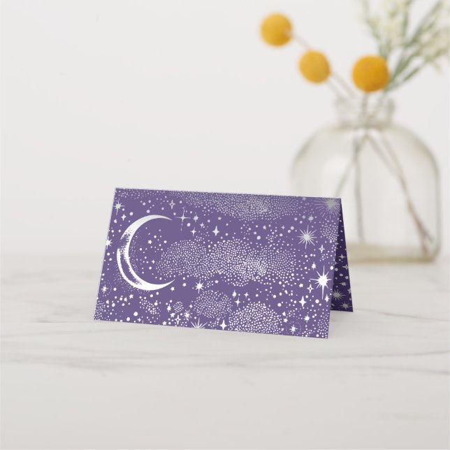 Crescent Moon Starry Night Celestial Wedding Platzkarte (Rückseite)