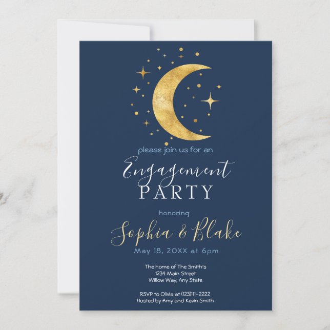 Crescent Moon Starry Night Navy Engagement Party Einladung (Vorderseite)