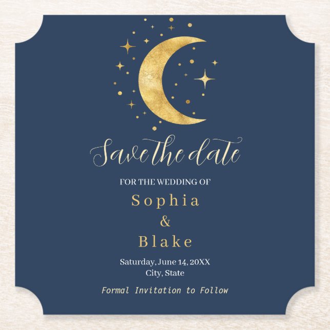 Crescent Moon Starry Night Navy Save the Date Untersetzer (Vorderseite)