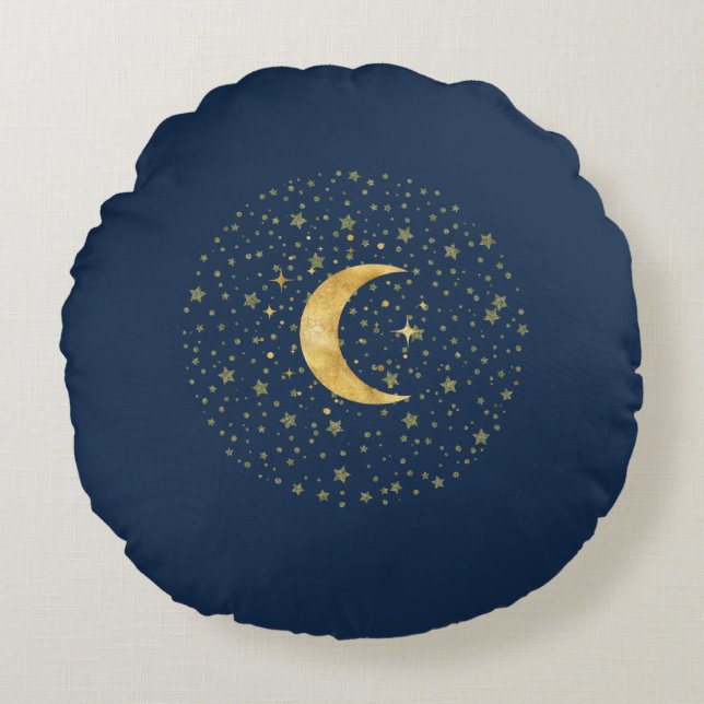Crescent Moon Starry Night Rundes Kissen (Vorderseite)