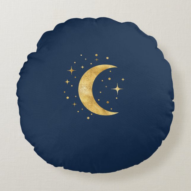 Crescent Moon Starry Night Rundes Kissen (Vorderseite)