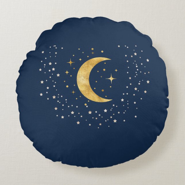 Crescent Moon Starry Night Rundes Kissen (Vorderseite)