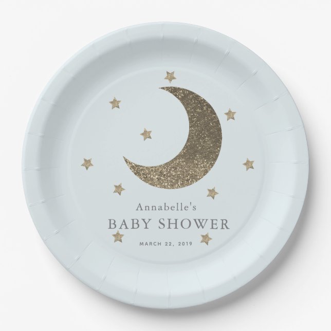 Crescent Moon & Stars Blue Baby Shower Paper Plaka Pappteller (Vorderseite)