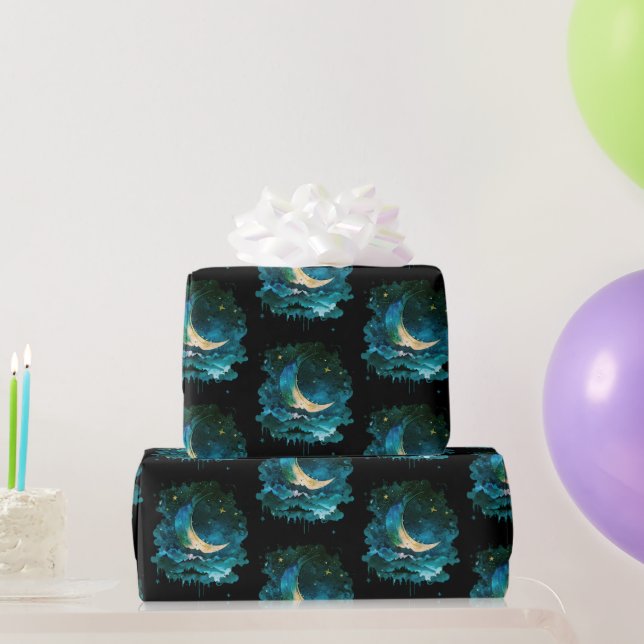Crescent Moon Stars Celestial Black Halloween Geschenkpapier (Partygeschenke)