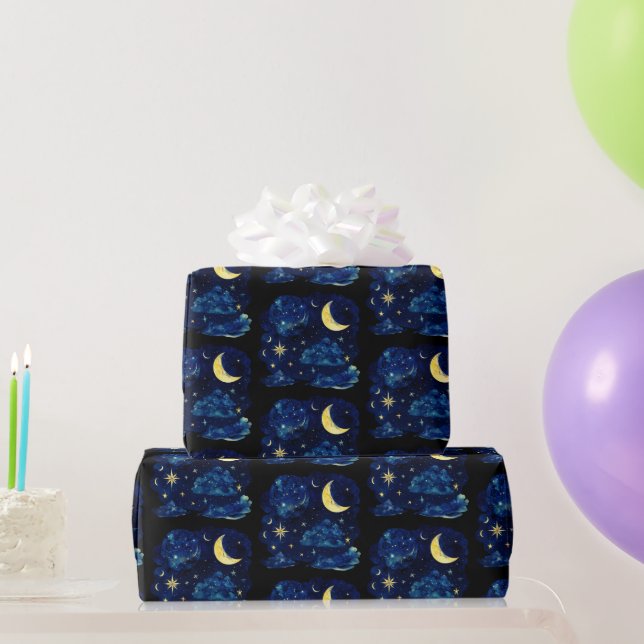 Crescent Moon Stars Celestial Black Halloween Geschenkpapier (Partygeschenke)