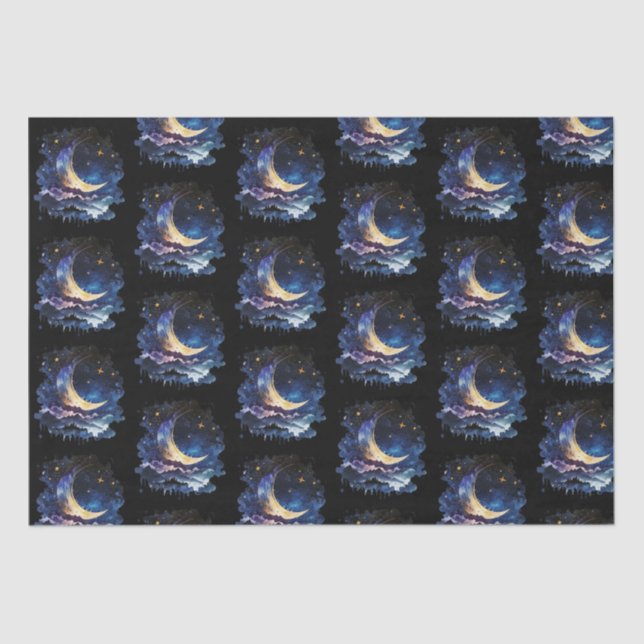Crescent Moon Stars Celestial Black Halloween Seidenpapier (Vorderseite)