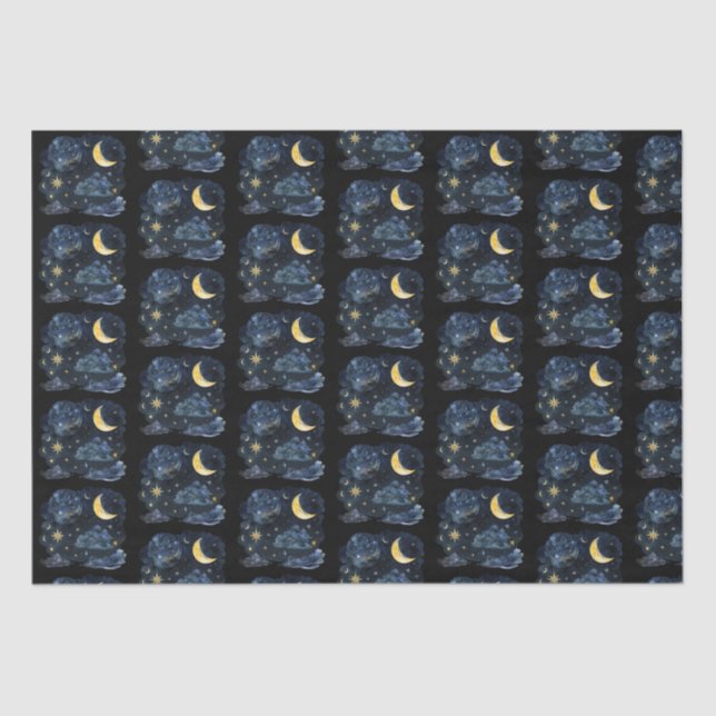 Crescent Moon Stars Celestial Black Halloween Seidenpapier (Vorderseite)