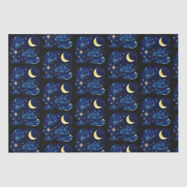 Crescent Moon Stars Celestial Black Halloween Seidenpapier (Vorderseite)