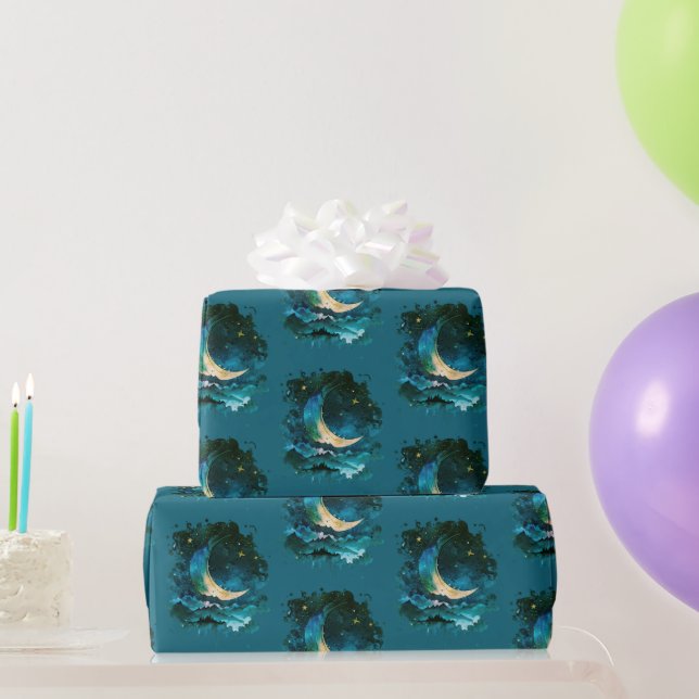 Crescent Moon Stars Celestial Blue Halloween Geschenkpapier (Partygeschenke)