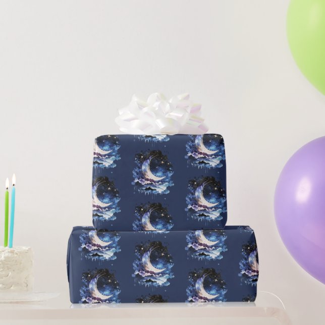 Crescent Moon Stars Celestial Blue Halloween Geschenkpapier (Partygeschenke)