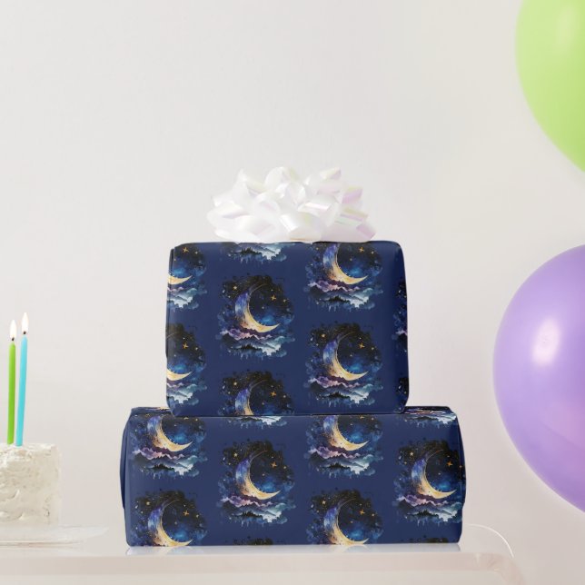 Crescent Moon Stars Celestial Blue Halloween Geschenkpapier (Partygeschenke)